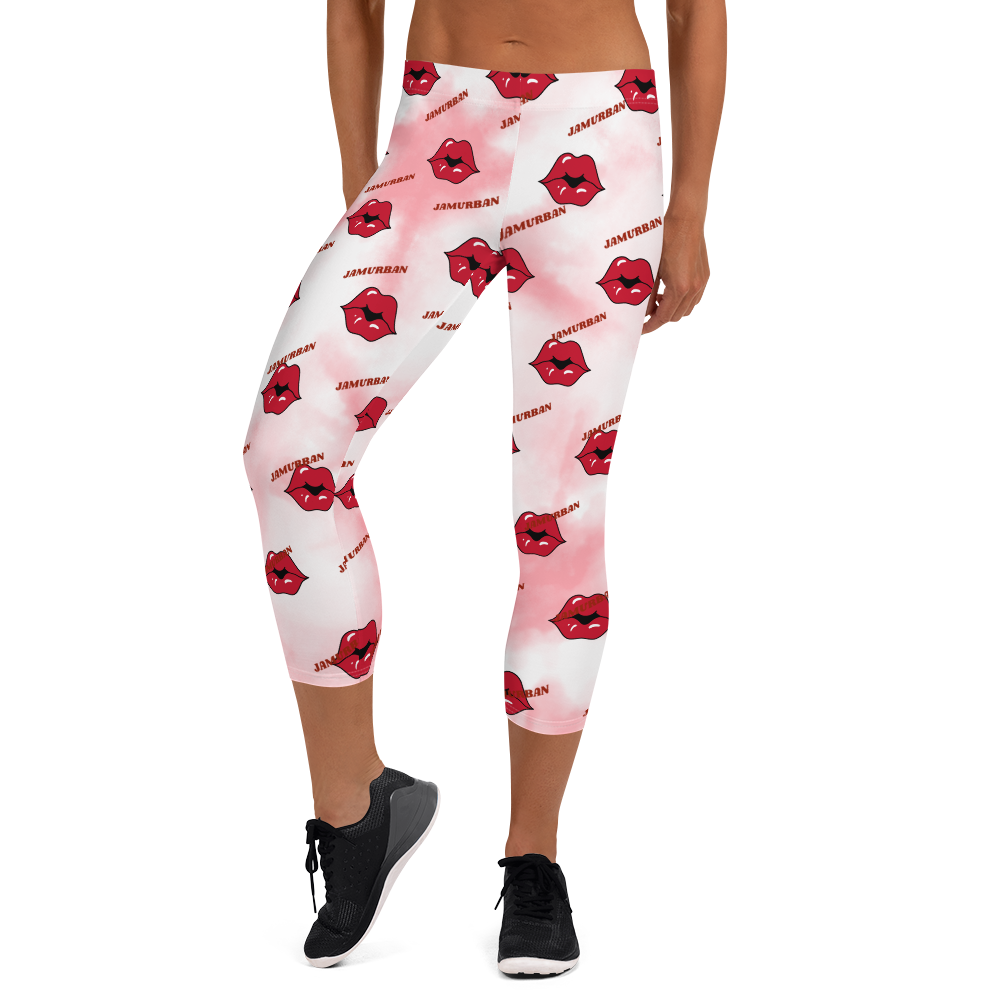 JAMURBAN "LIPZ SMACKAZ" Capri Leggings (Pink tie dye). Sizes XS - XL.