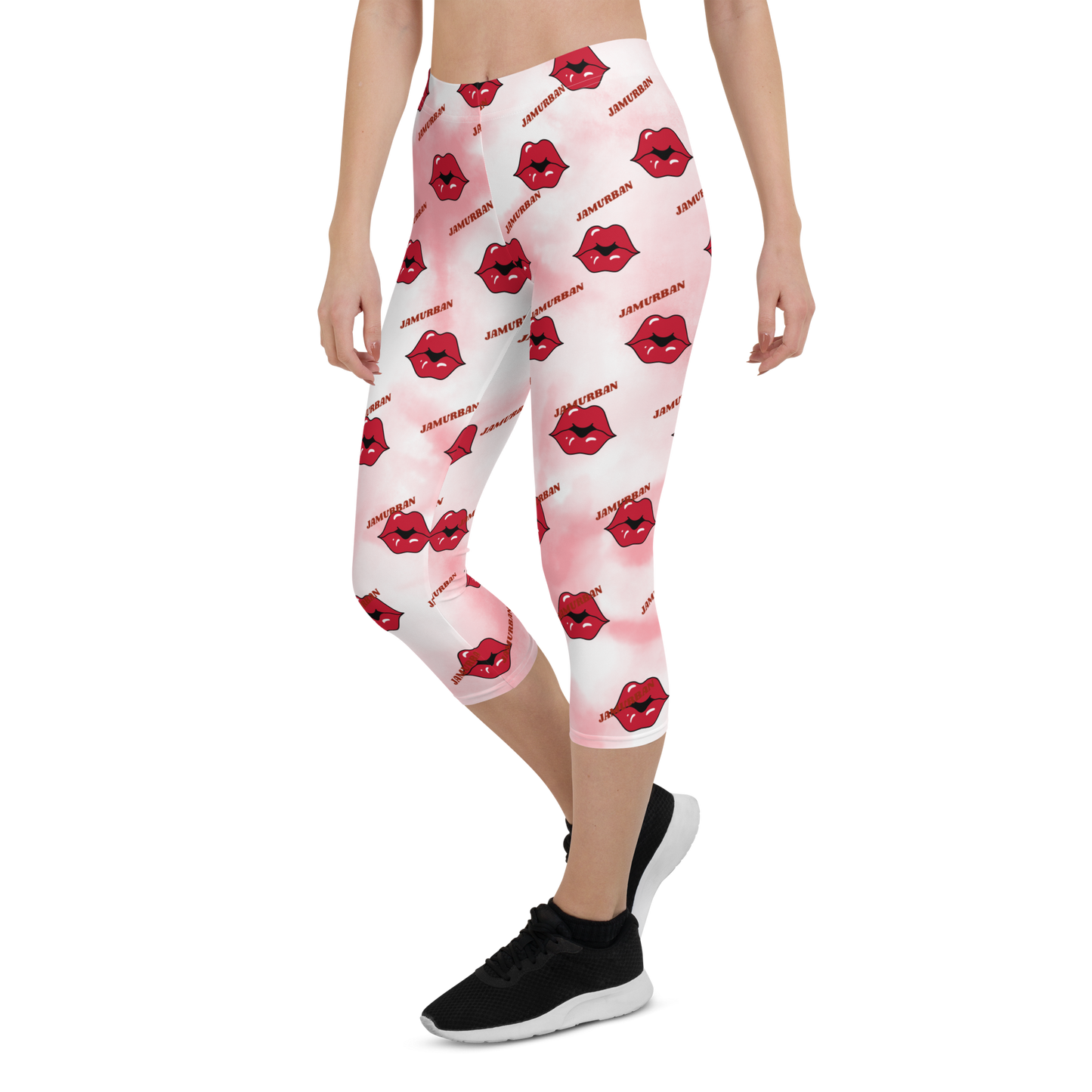 JAMURBAN "LIPZ SMACKAZ" Capri Leggings (Pink tie dye). Sizes XS - XL.