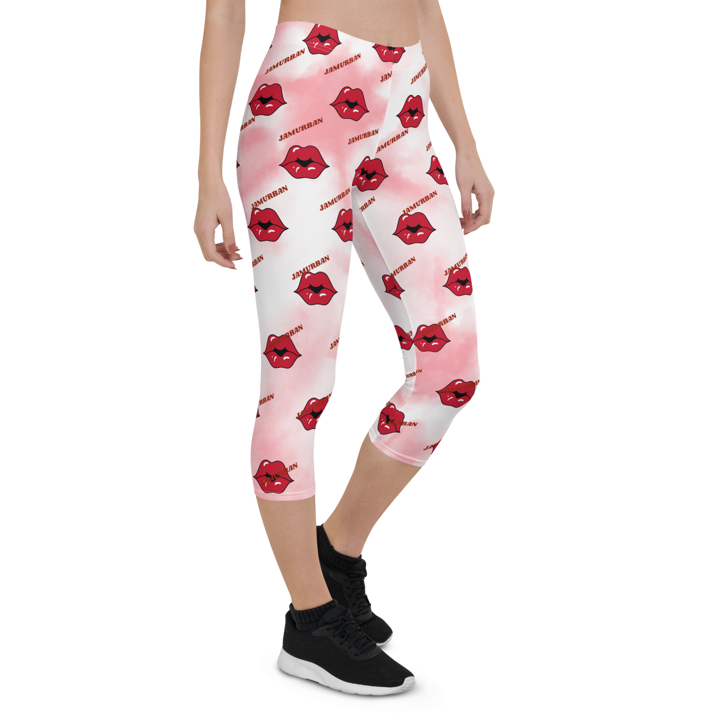 JAMURBAN "LIPZ SMACKAZ" Capri Leggings (Pink tie dye). Sizes XS - XL.