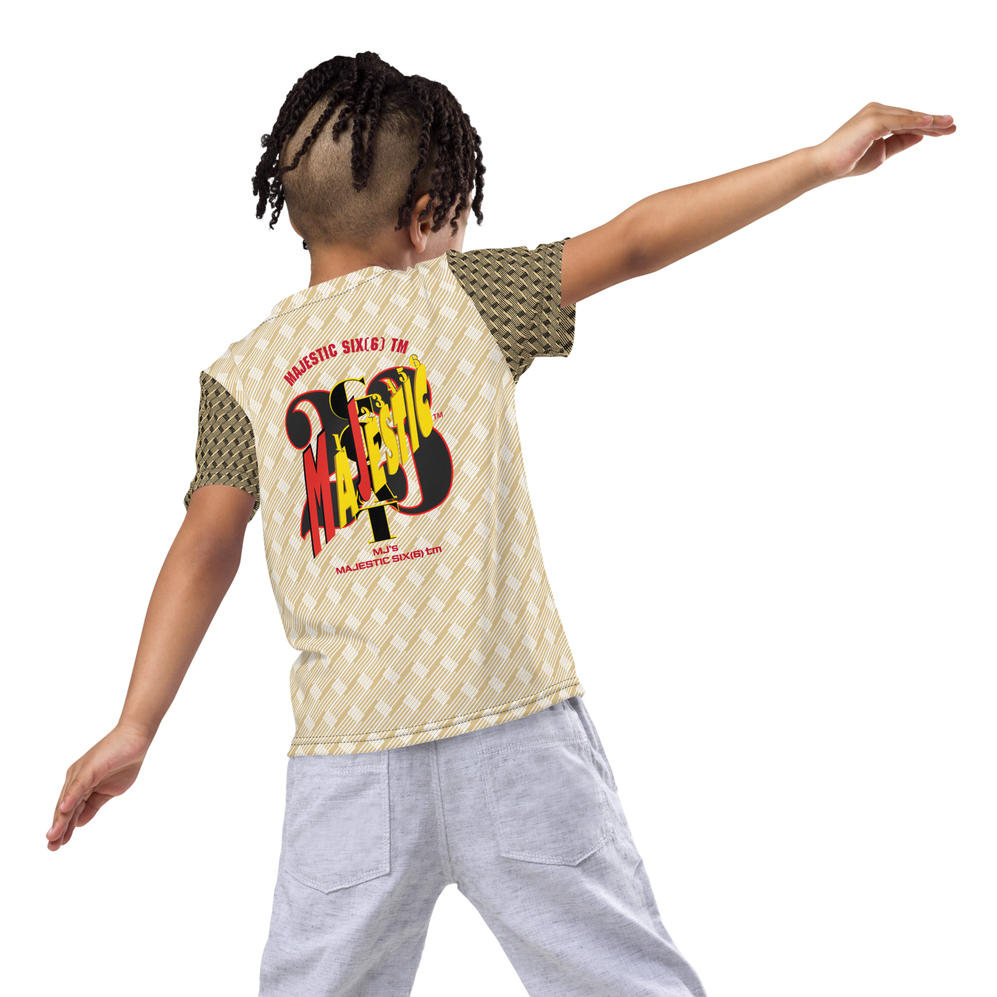 MAJESTIC SIX(6) tm (MJ's G.O.A.T) Unisex Kids crew neck t-shirt. Kids/Youth (White+New Orleans with Black and New Orleans sleeves). Free shipping available to customers from the UK and Europe. Free shipping also to the USA (£100 minimum spend).