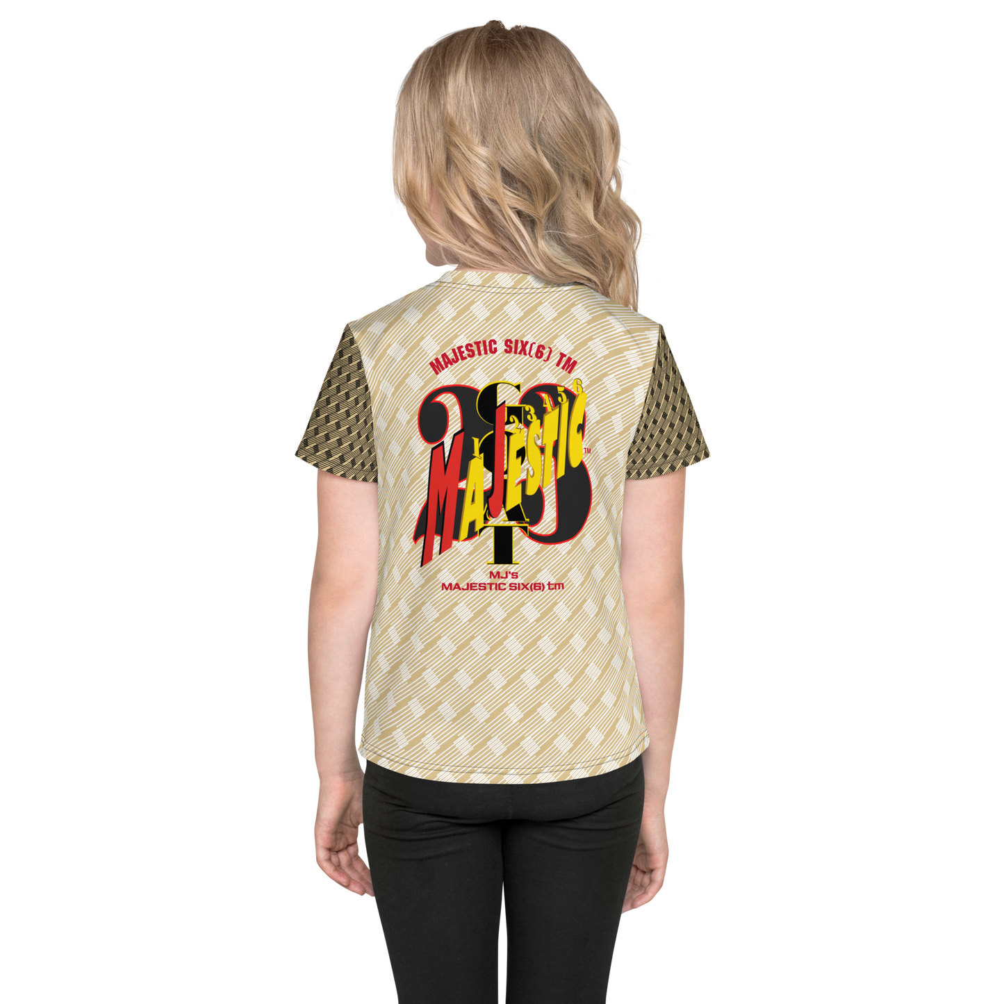 MAJESTIC SIX(6) tm (MJ's G.O.A.T) Unisex Kids crew neck t-shirt. Kids/Youth (White+New Orleans with Black and New Orleans sleeves). Free shipping available to customers from the UK and Europe. Free shipping also to the USA (£100 minimum spend).