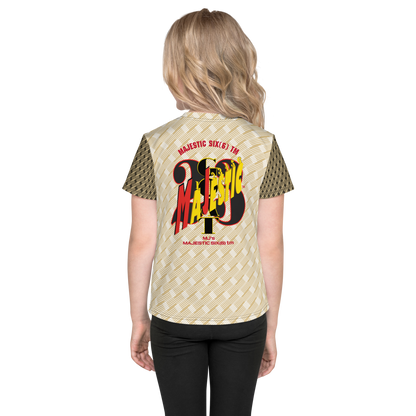 MAJESTIC SIX(6) tm (MJ's G.O.A.T) Unisex Kids crew neck t-shirt. Kids/Youth (White+New Orleans with Black and New Orleans sleeves). Free shipping available to customers from the UK and Europe. Free shipping also to the USA (£100 minimum spend).