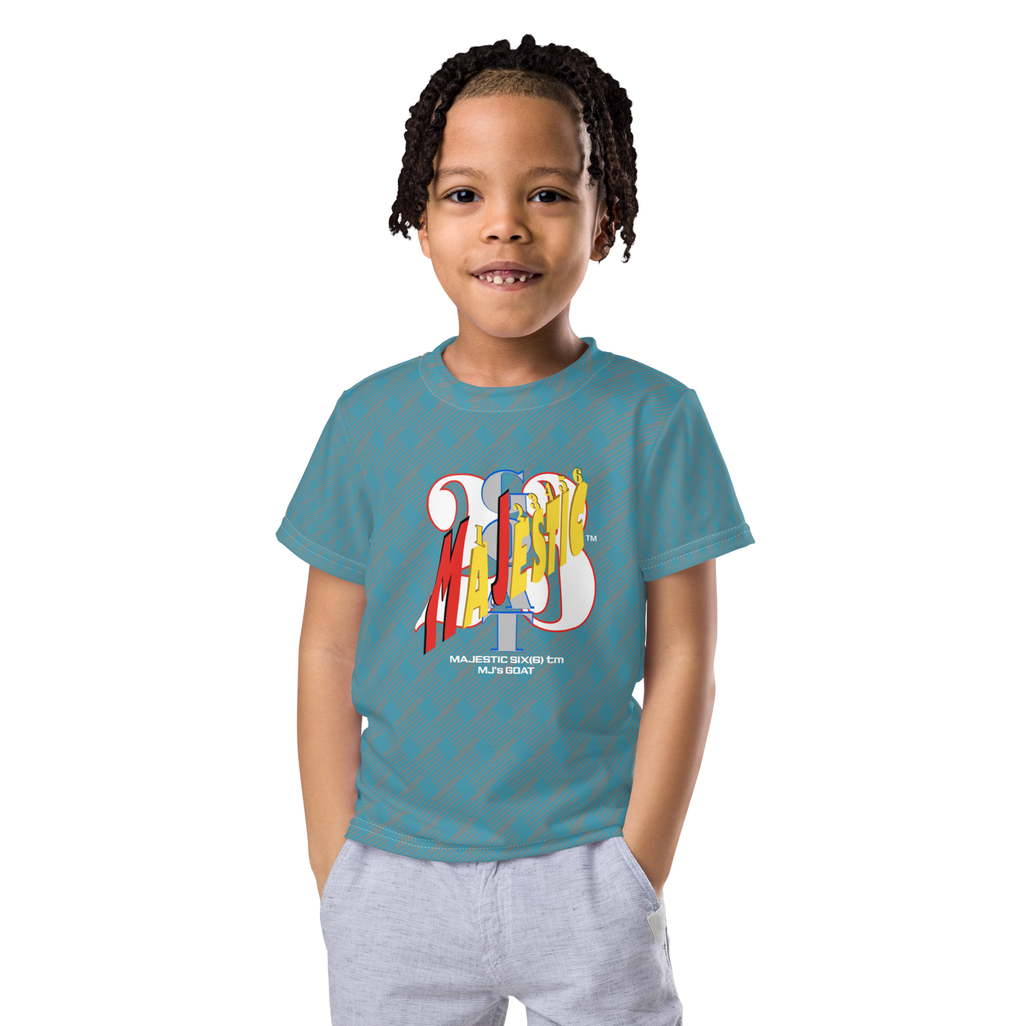 MAJESTIC SIX(6) tm (MJ's G.O.A.T) Unisex Kids crew neck t-shirt. Kids/Youth (Gothic+Blue).