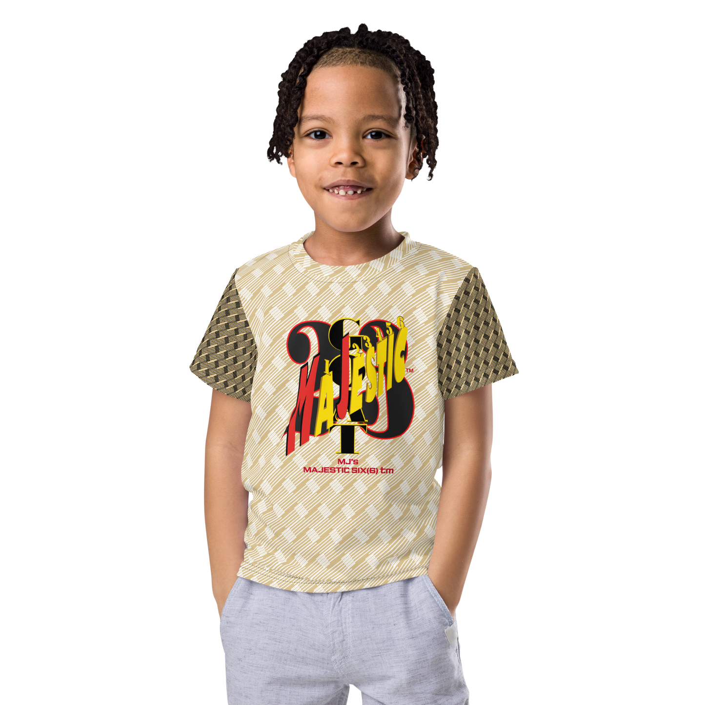 MAJESTIC SIX(6) tm (MJ's G.O.A.T) Unisex Kids crew neck t-shirt. Kids/Youth (White+New Orleans with Black and New Orleans sleeves). Free shipping available to customers from the UK and Europe. Free shipping also to the USA (£100 minimum spend).