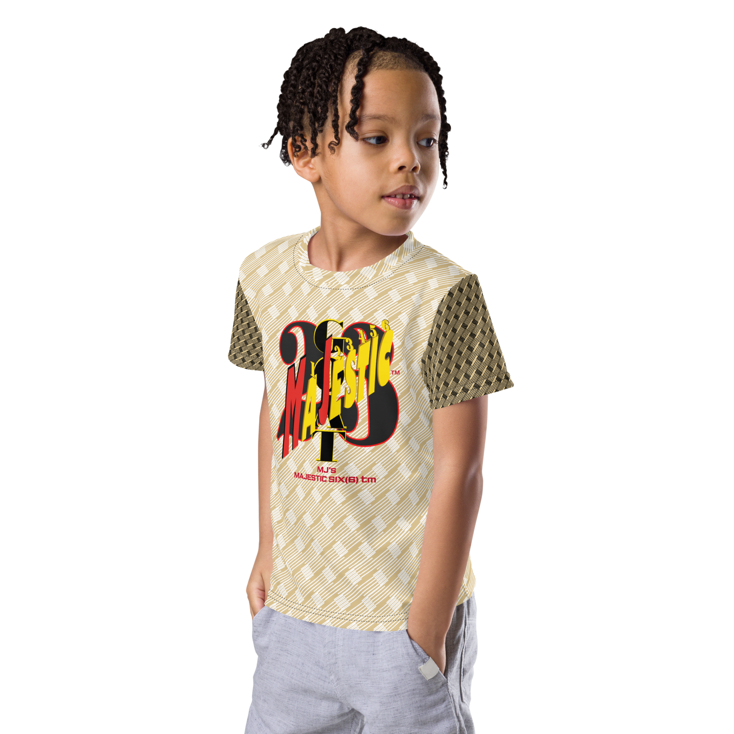 MAJESTIC SIX(6) tm (MJ's G.O.A.T) Unisex Kids crew neck t-shirt. Kids/Youth (White+New Orleans with Black and New Orleans sleeves). Free shipping available to customers from the UK and Europe. Free shipping also to the USA (£100 minimum spend).