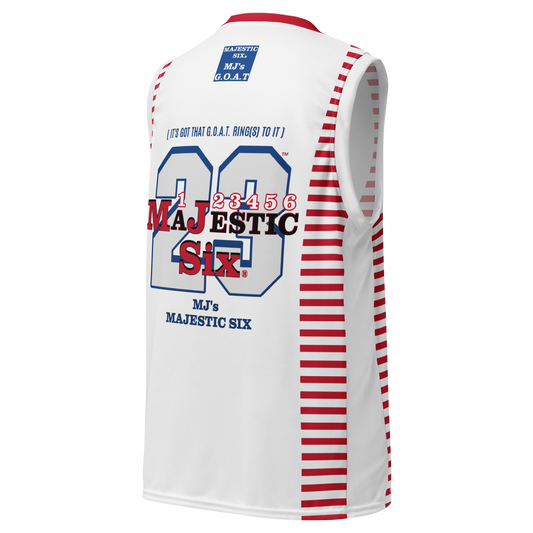 MAJESTIC SIX (MJ's G.O.A.T) Recycled unisex basketball jersey. White body+ red, black and blue. Sizes XS - 6XL.