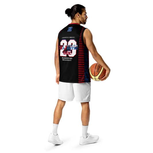 MAJESTIC SIX® MJ's G.O.A.T. Recycled unisex basketball jersey. Black body with red, dark cerulean and white. Sizes 2XS --6XL.S