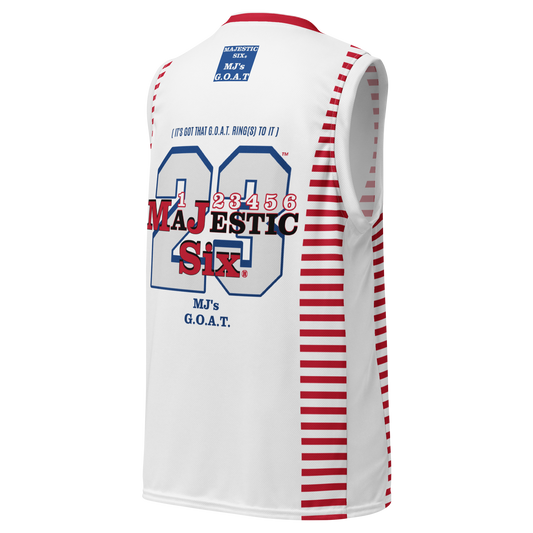 MAJESTIC SIX (MJ's G.O.A.T) Recycled unisex basketball jersey. White body+ red, black and blue. Sizes XS - 6XL.