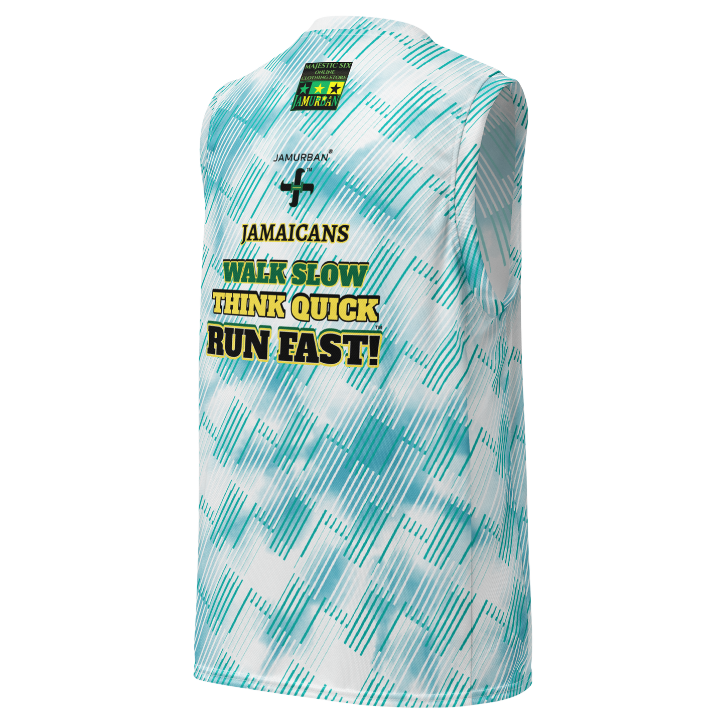 JAMURBAN® "JAMAICANS... RUN FAST!" Recycled unisex basketball jersey. Light blue tie dye collab + Iris blue+White. Sizes 2XS - 6XL.