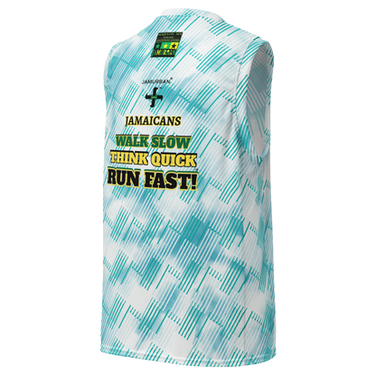 JAMURBAN® "JAMAICANS... RUN FAST!" Recycled unisex basketball jersey. Light blue tie dye collab + Iris blue+White. Sizes 2XS - 6XL.