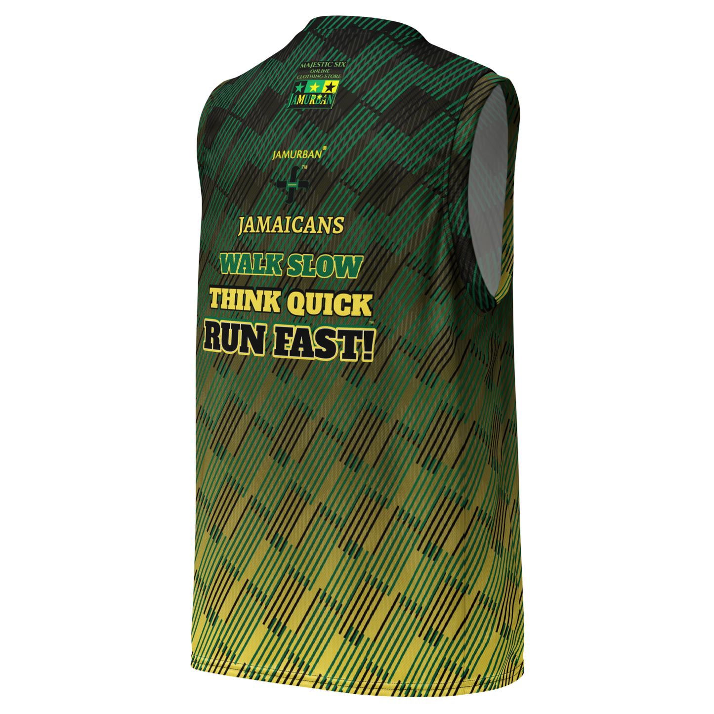 JAMURBAN® "JAMAICANS ... RUN FAST!" Unisex basketball jersey. Green+Black+Yellow gradient. Sizes 2XS - 6XL.