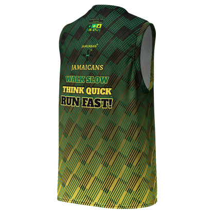 JAMURBAN® "JAMAICANS ... RUN FAST!" Unisex basketball jersey. Green+Black+Yellow gradient. Sizes 2XS - 6XL.