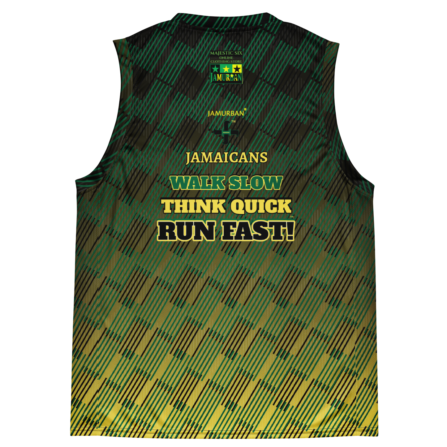 JAMURBAN® "JAMAICANS ... RUN FAST!" Unisex basketball jersey. Green+Black+Yellow gradient. Sizes 2XS - 6XL.