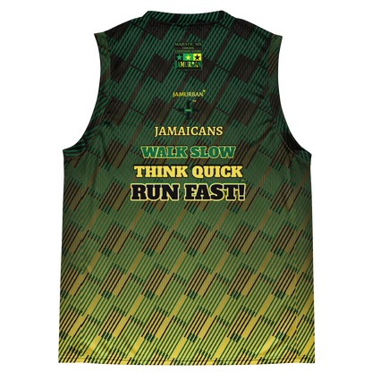 JAMURBAN® "JAMAICANS ... RUN FAST!" Unisex basketball jersey. Green+Black+Yellow gradient. Sizes 2XS - 6XL.