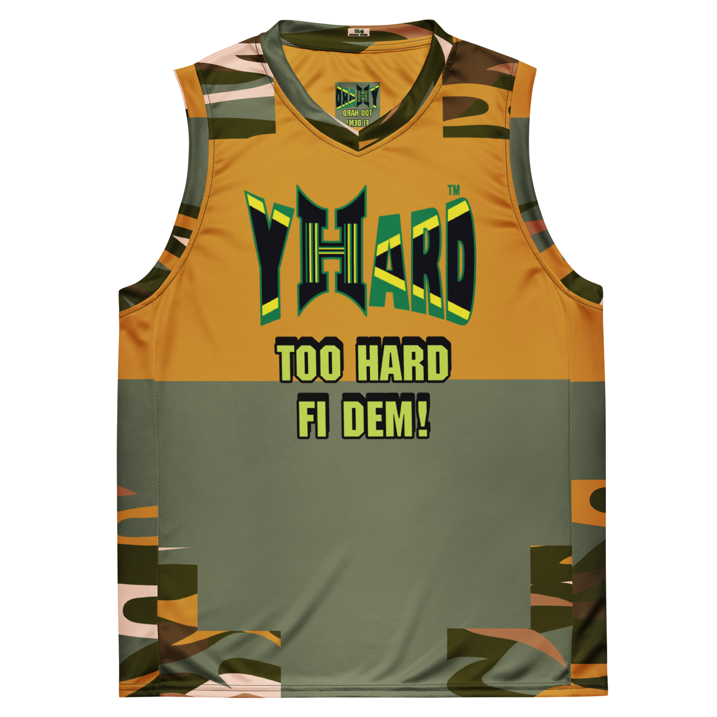 YHARD "Too hard fi dem!" Recycled unisex basketball style jersey (Camou mix)