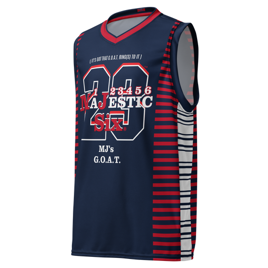 MAJESTIC SIX® MJ's G.O.A.T. Recycled unisex basketball jersey. Navy, red and white. Sizes 2XS - 6XL.