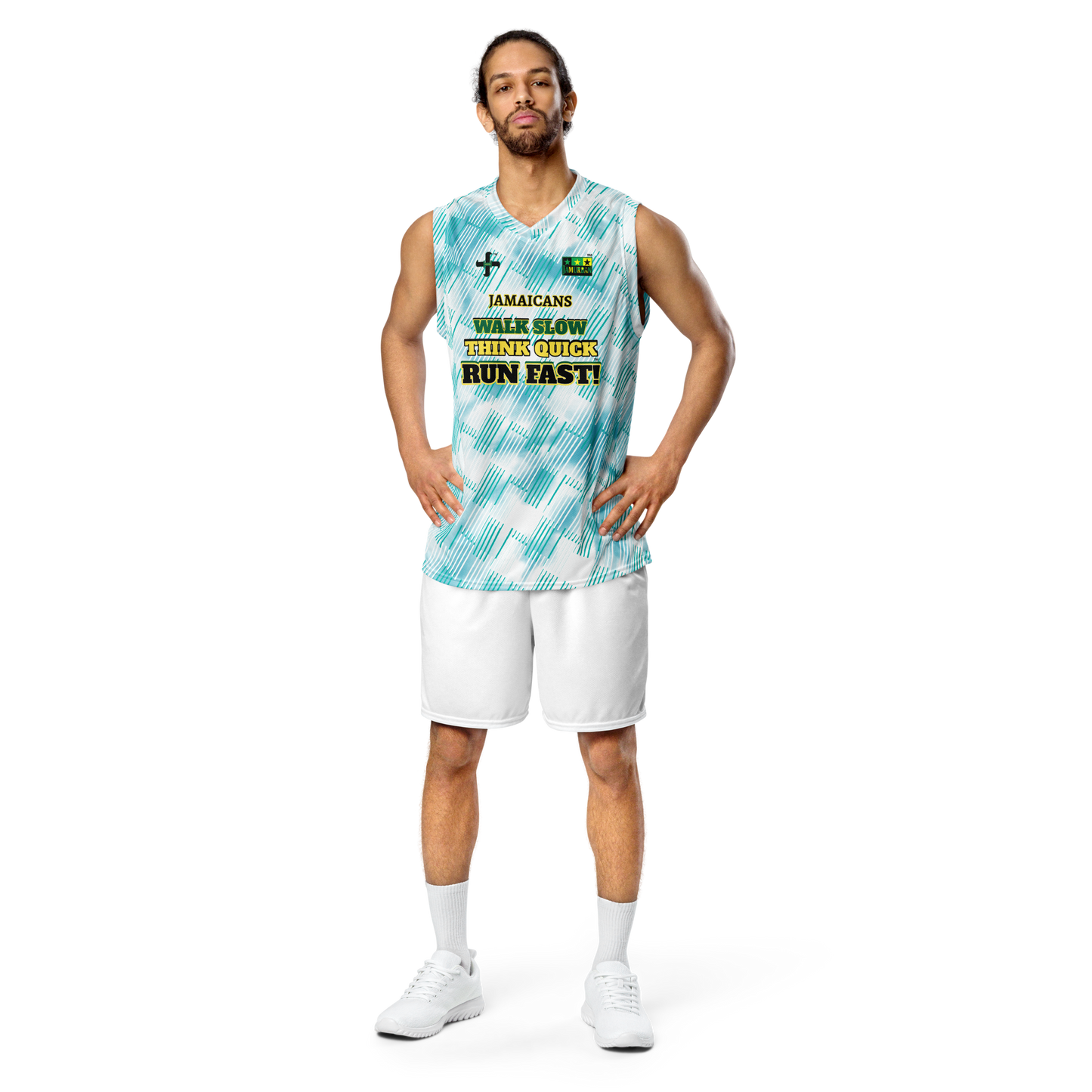 JAMURBAN® "JAMAICANS... RUN FAST!" Recycled unisex basketball jersey. Light blue tie dye collab + Iris blue+White. Sizes 2XS - 6XL.