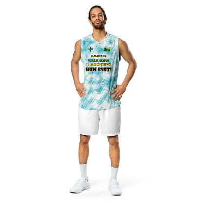 JAMURBAN® "JAMAICANS... RUN FAST!" Recycled unisex basketball jersey. Light blue tie dye collab + Iris blue+White. Sizes 2XS - 6XL.