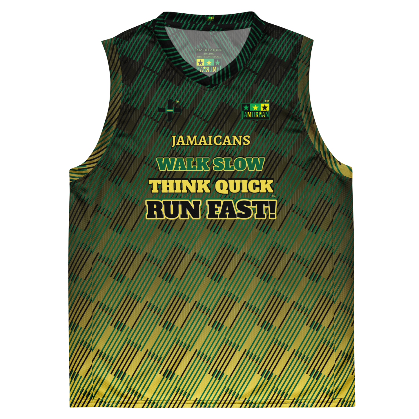 JAMURBAN® "JAMAICANS ... RUN FAST!" Unisex basketball jersey. Green+Black+Yellow gradient. Sizes 2XS - 6XL.