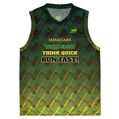 JAMURBAN® "JAMAICANS ... RUN FAST!" Unisex basketball jersey. Green+Black+Yellow gradient. Sizes 2XS - 6XL.