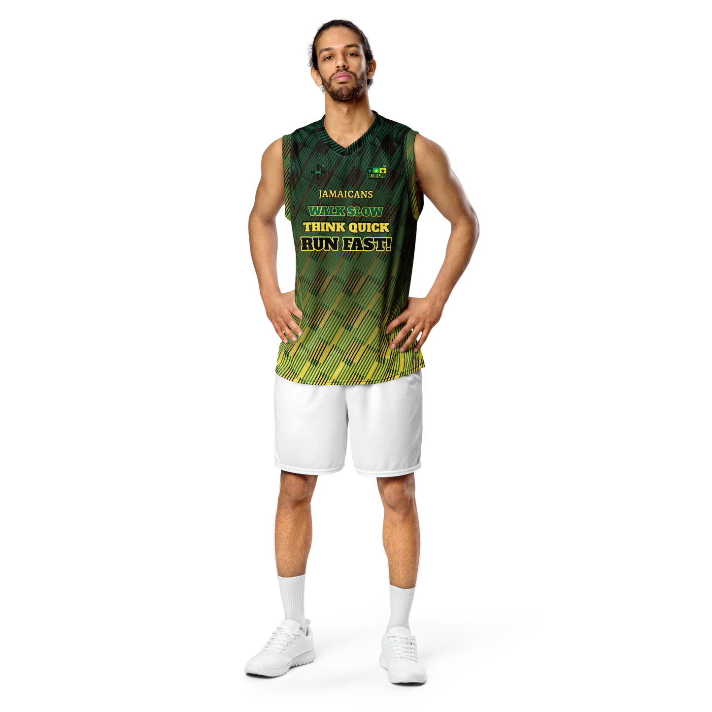 JAMURBAN® "JAMAICANS ... RUN FAST!" Unisex basketball jersey. Green+Black+Yellow gradient. Sizes 2XS - 6XL.