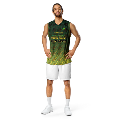 JAMURBAN® "JAMAICANS ... RUN FAST!" Unisex basketball jersey. Green+Black+Yellow gradient. Sizes 2XS - 6XL.