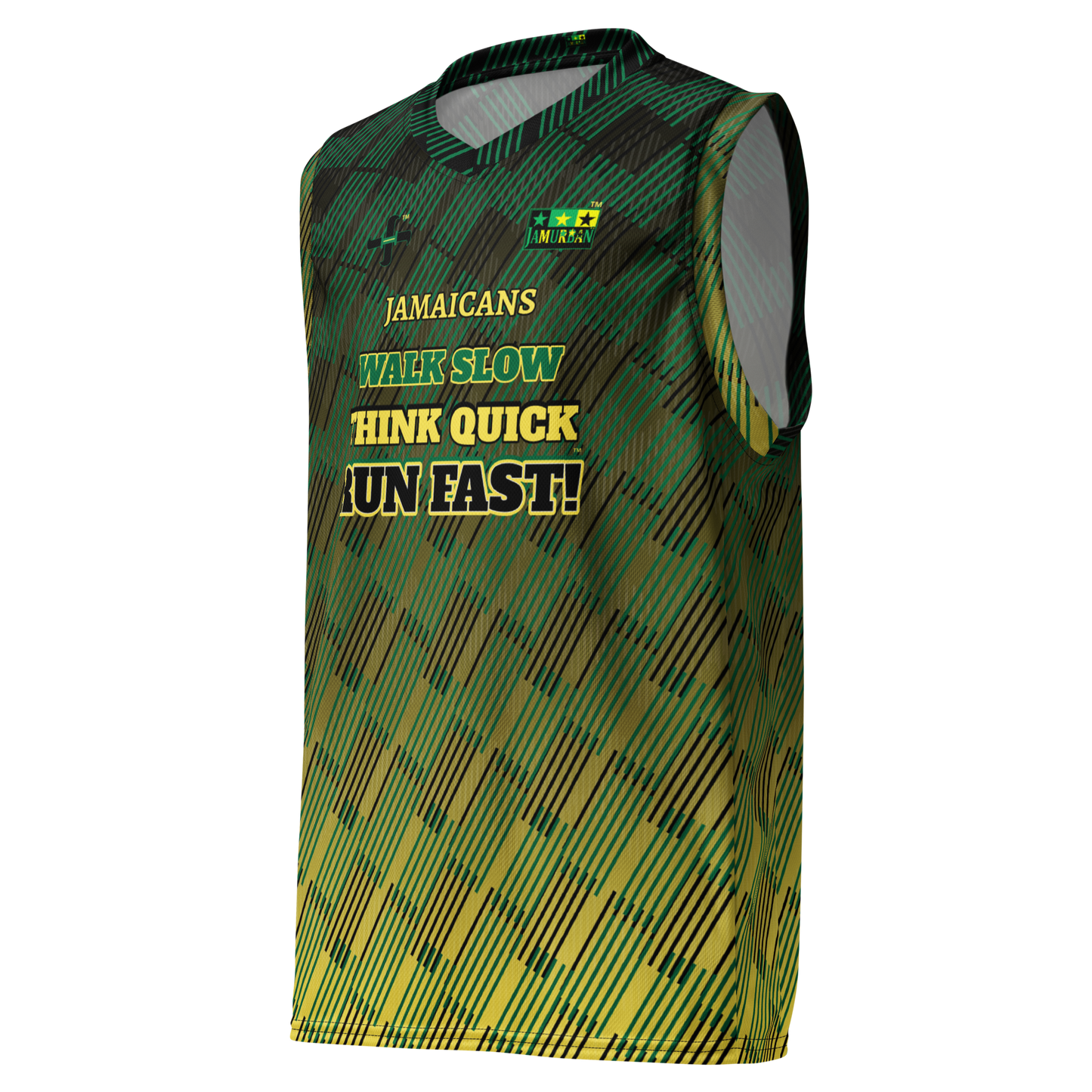 JAMURBAN® "JAMAICANS ... RUN FAST!" Unisex basketball jersey. Green+Black+Yellow gradient. Sizes 2XS - 6XL.