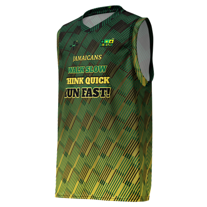 JAMURBAN® "JAMAICANS ... RUN FAST!" Unisex basketball jersey. Green+Black+Yellow gradient. Sizes 2XS - 6XL.