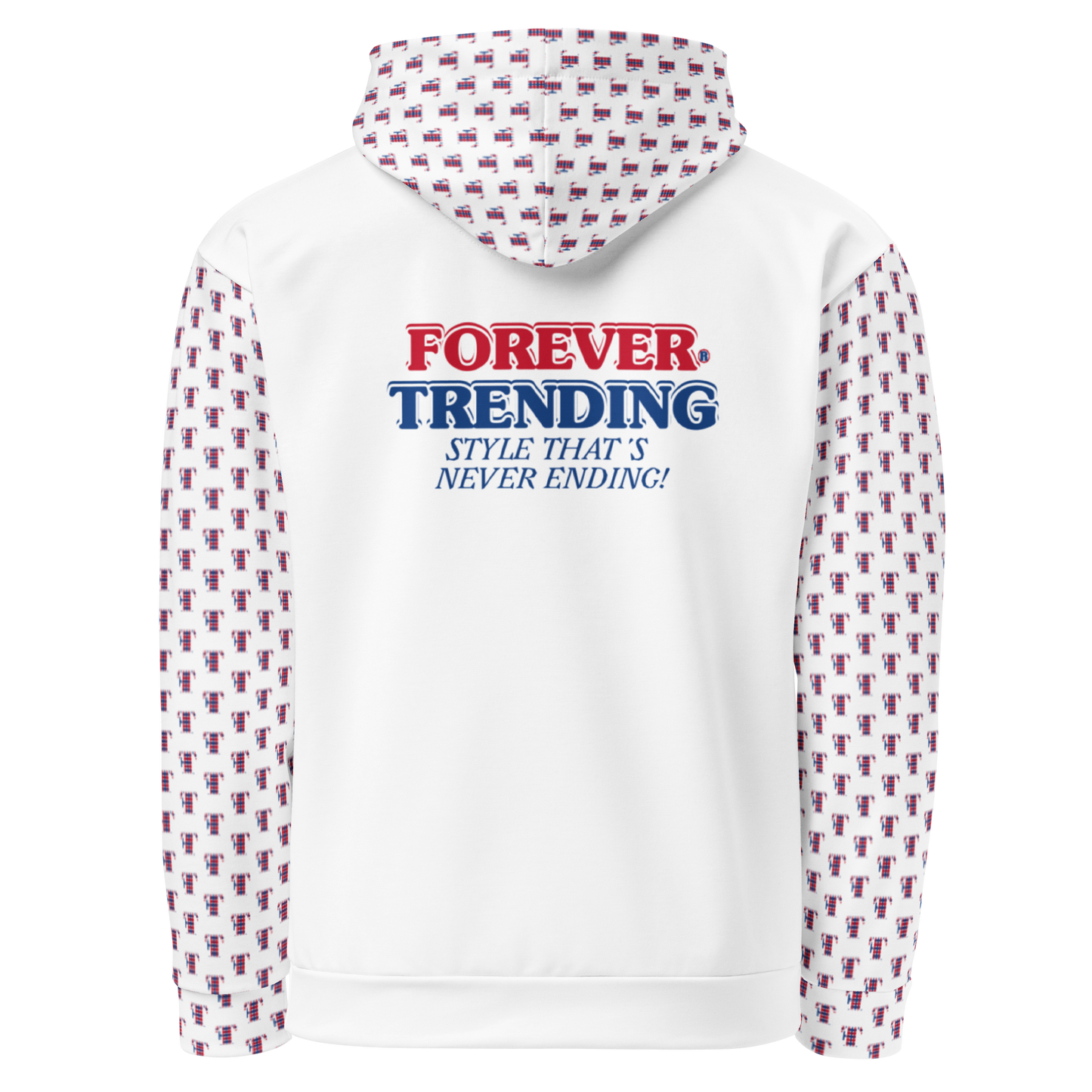 FT. FOREVER TRENDING® "HIGH LIFE" Unisex Hoodie. White body with red, blue and white logo. Sizes XS - 3XL.