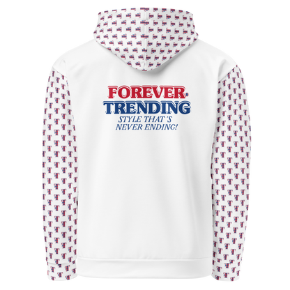 FT. FOREVER TRENDING® "HIGH LIFE" Unisex Hoodie. White body with red, blue and white logo. Sizes XS - 3XL.