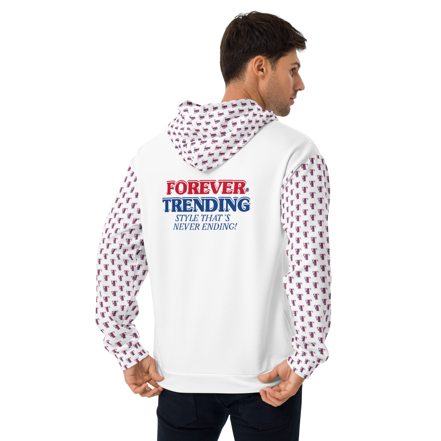 FT. FOREVER TRENDING® "HIGH LIFE" Unisex Hoodie. White body with red, blue and white logo. Sizes XS - 3XL.