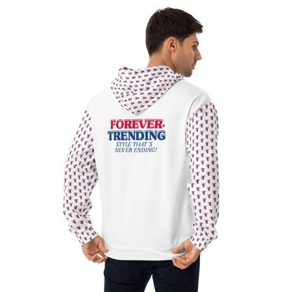 FT. FOREVER TRENDING® "HIGH LIFE" Unisex Hoodie. White body with red, blue and white logo. Sizes XS - 3XL.