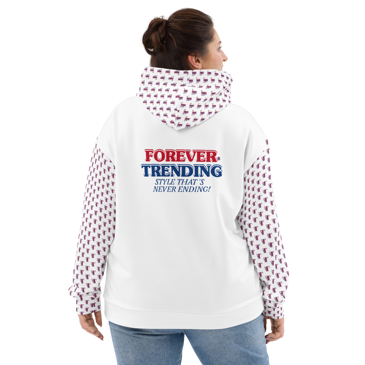 FT. FOREVER TRENDING® "HIGH LIFE" Unisex Hoodie. White body with red, blue and white logo. Sizes XS - 3XL.