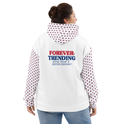 FT. FOREVER TRENDING® "HIGH LIFE" Unisex Hoodie. White body with red, blue and white logo. Sizes XS - 3XL.