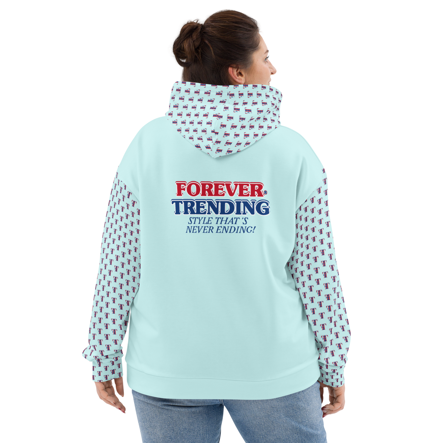 FOREVER TRENDING® "HIGH LIFE" Unisex Hoodie. Light Cyan with red, blue and white logo. Sizes XS - 3XL.