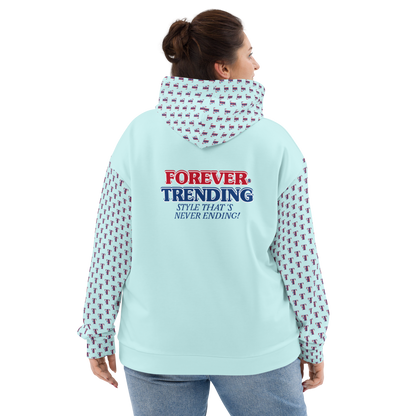 FOREVER TRENDING® "HIGH LIFE" Unisex Hoodie. Light Cyan with red, blue and white logo. Sizes XS - 3XL.