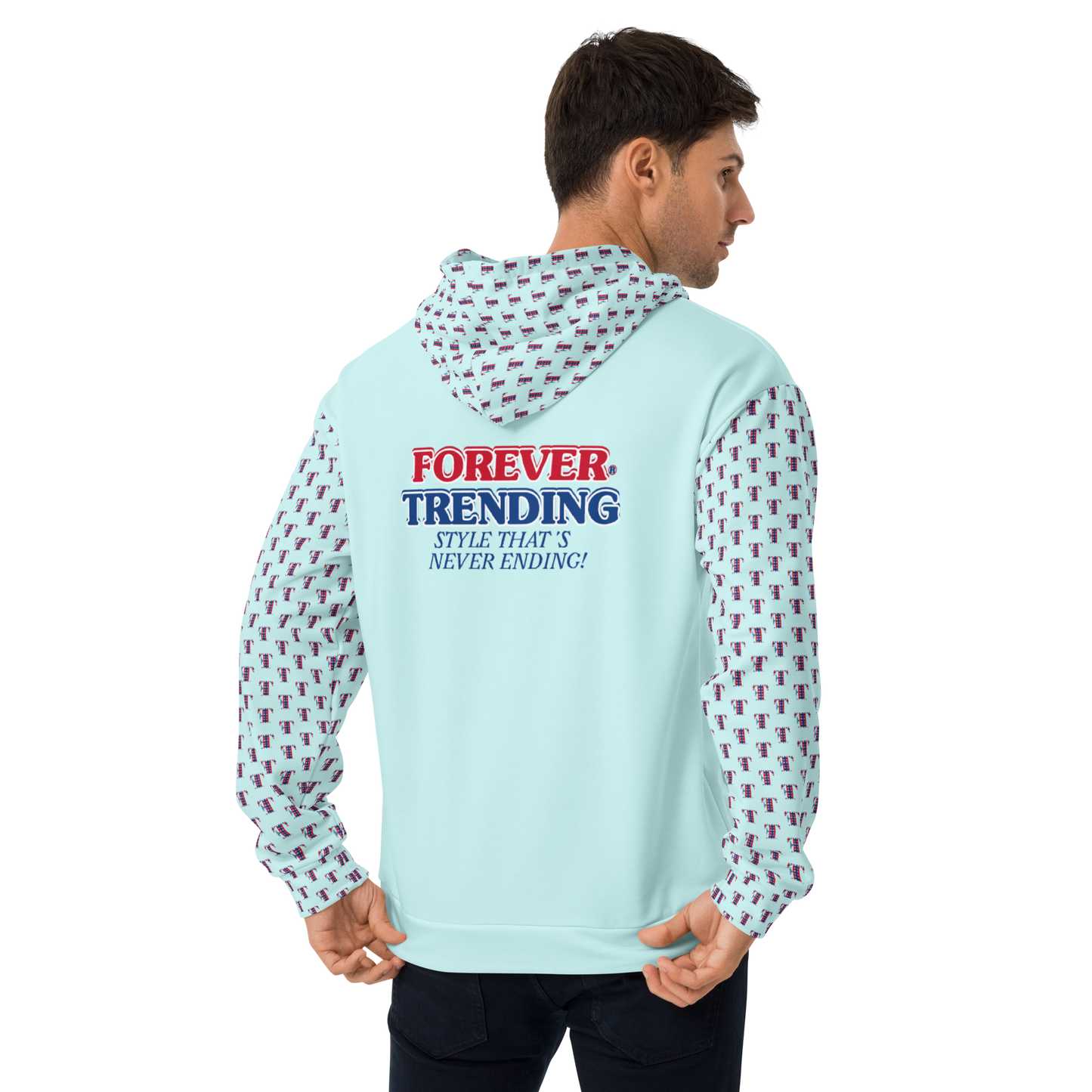 FOREVER TRENDING® "HIGH LIFE" Unisex Hoodie. Light Cyan with red, blue and white logo. Sizes XS - 3XL.