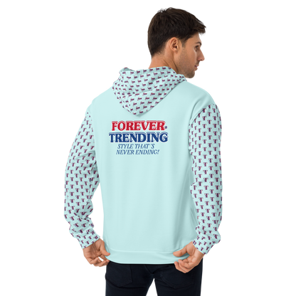 FOREVER TRENDING® "HIGH LIFE" Unisex Hoodie. Light Cyan with red, blue and white logo. Sizes XS - 3XL.