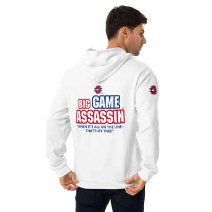 BIG GAME ASSASSIN ® Unisex Hoodie. White+(red and blue logo).