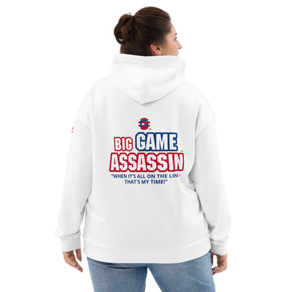 BIG GAME ASSASSIN ® Unisex Hoodie. White+(red and blue logo).