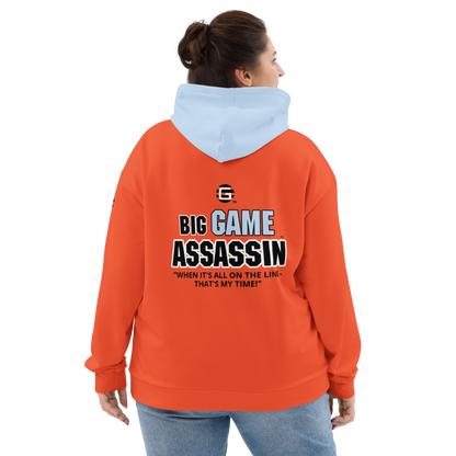 BIG GAME ASSASSIN ® (B.G.A.) Unisex Hoodie. Orange+Pattens blue