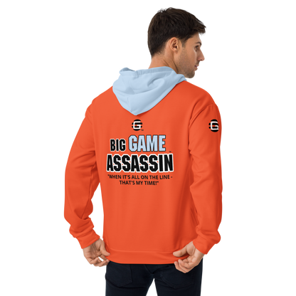 BIG GAME ASSASSIN ® (B.G.A.) Unisex Hoodie. Orange+Pattens blue