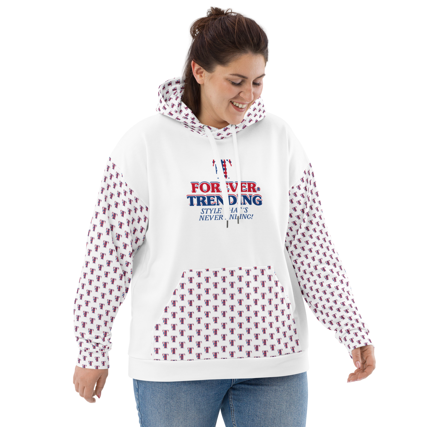 FT. FOREVER TRENDING® "HIGH LIFE" Unisex Hoodie. White body with red, blue and white logo. Sizes XS - 3XL.