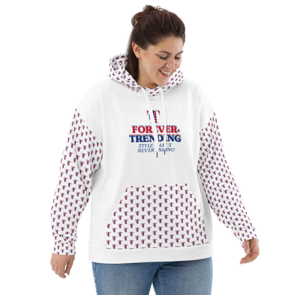 FT. FOREVER TRENDING® "HIGH LIFE" Unisex Hoodie. White body with red, blue and white logo. Sizes XS - 3XL.