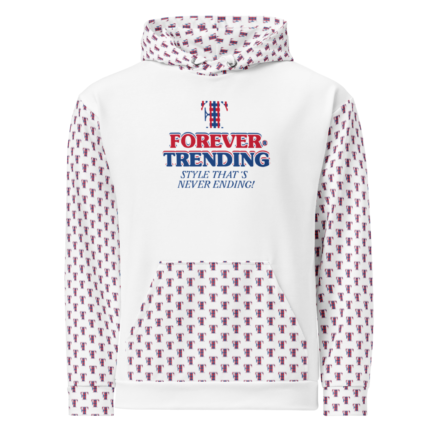 FT. FOREVER TRENDING® "HIGH LIFE" Unisex Hoodie. White body with red, blue and white logo. Sizes XS - 3XL.