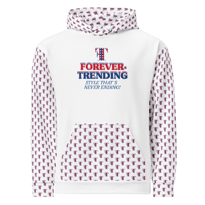 FT. FOREVER TRENDING® "HIGH LIFE" Unisex Hoodie. White body with red, blue and white logo. Sizes XS - 3XL.