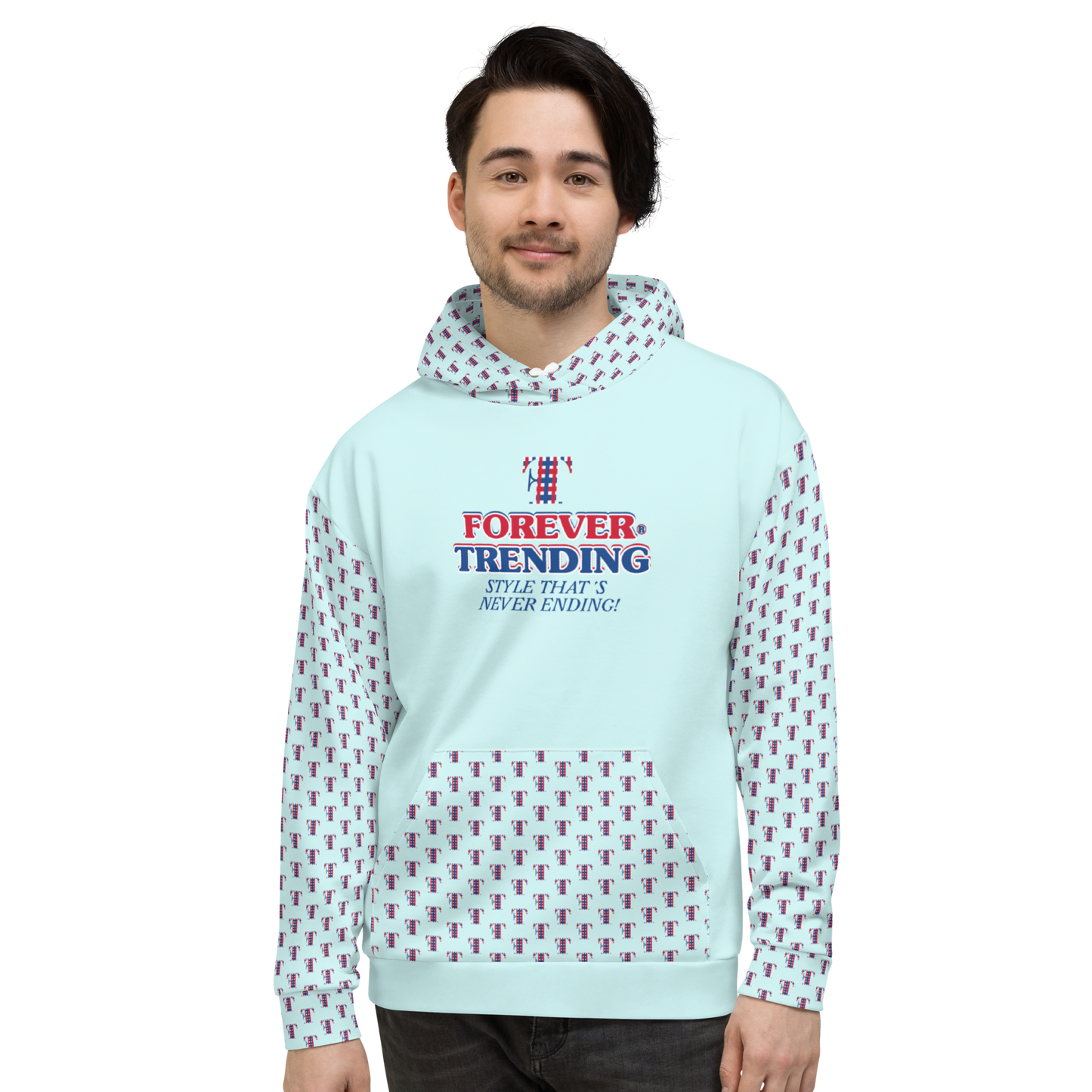 FOREVER TRENDING® "HIGH LIFE" Unisex Hoodie. Light Cyan with red, blue and white logo. Sizes XS - 3XL.