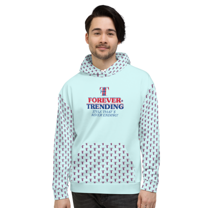 FOREVER TRENDING® "HIGH LIFE" Unisex Hoodie. Light Cyan with red, blue and white logo. Sizes XS - 3XL.