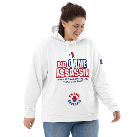 BIG GAME ASSASSIN ® Unisex Hoodie. White+(red and blue logo).