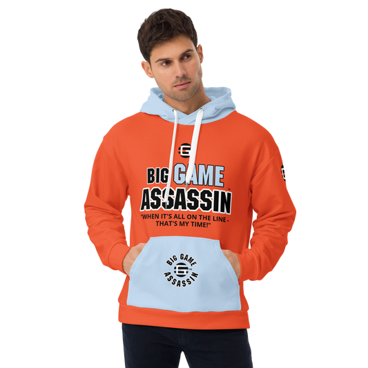 BIG GAME ASSASSIN ® (B.G.A.) Unisex Hoodie. Orange+Pattens blue